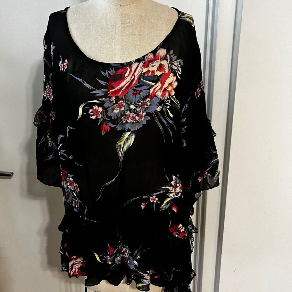 MARRIKA NAKK  Sheer Black Asymmetrical Floral Ruffle Boho Top